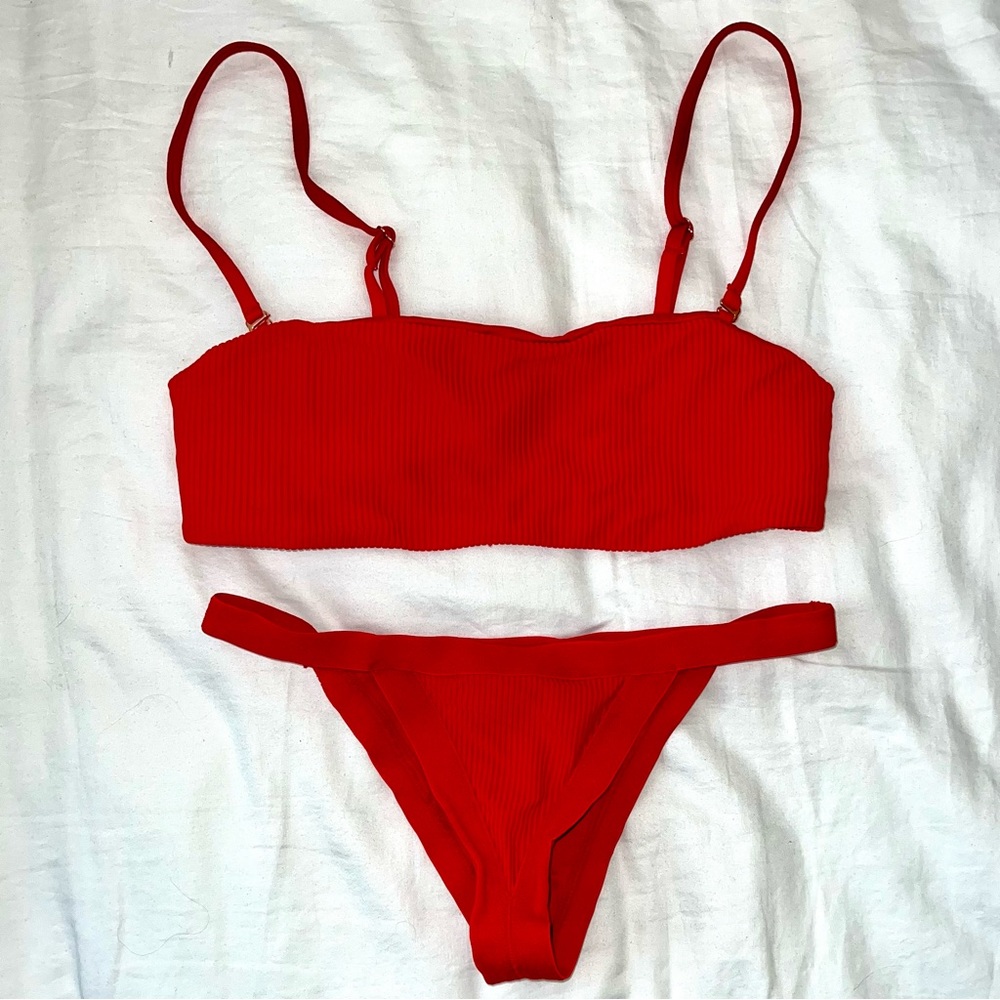 Frankie’s Bikinis Red Ribbed High Leg (Grenadine) Size Small Top and Bottom